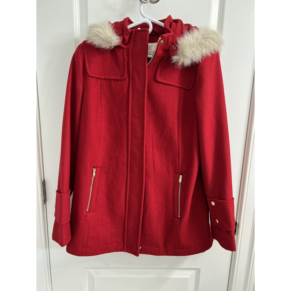 A New Day Womens Red Wool Blend Faux Fur Trim Hooded Duffle Coat Large Gold Zip